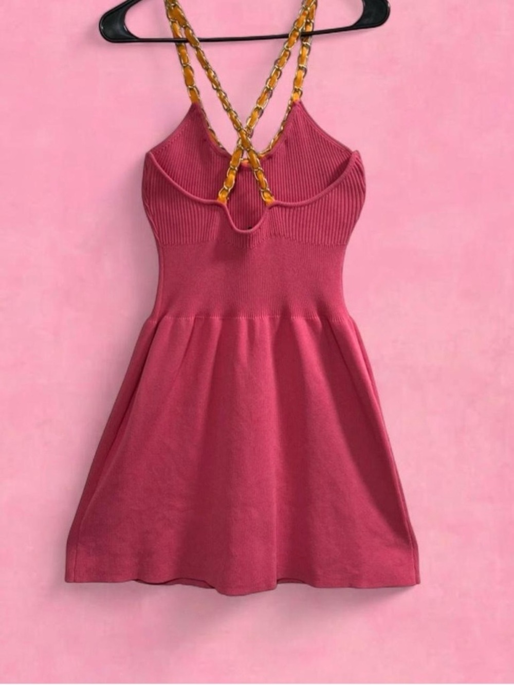 Zara Pink Sleeveless Knitted A-Line Mini Dress with orange and gold chain Trim - Picture 5 of 7